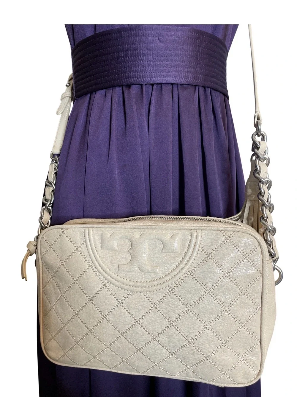Tory Burch Fleming Camera Beige Quilted Logo Crossbody Bag